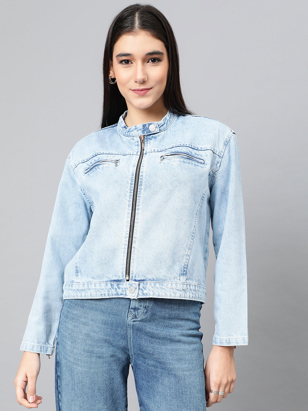 Mid Blue Denim Bomber Inspired Jacket