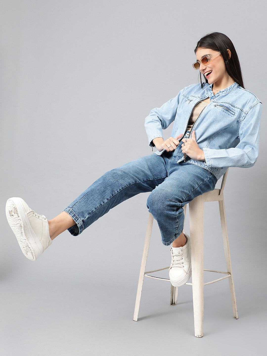 Mid Blue Denim Bomber Inspired Jacket