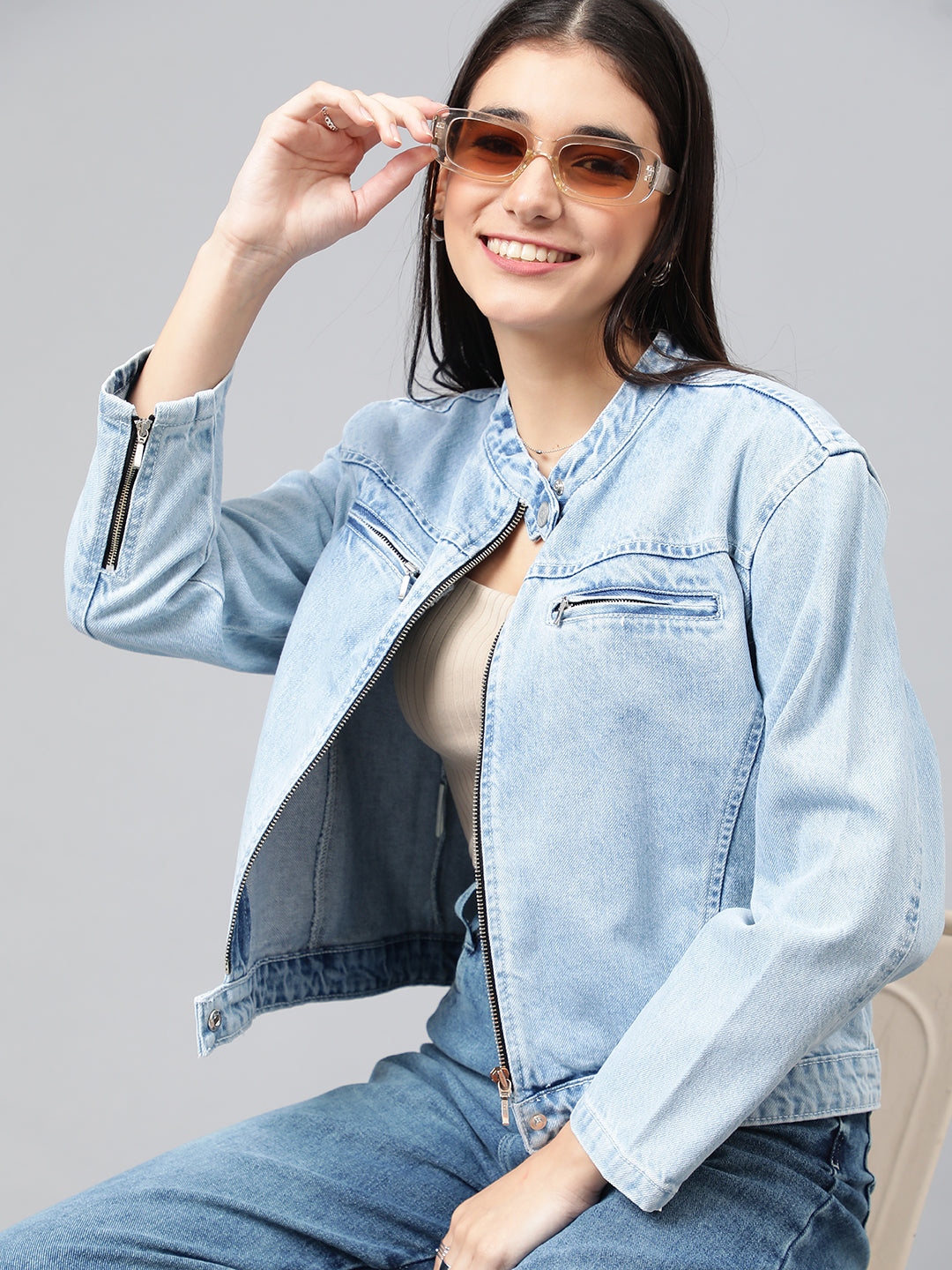 Mid Blue Denim Bomber Inspired Jacket