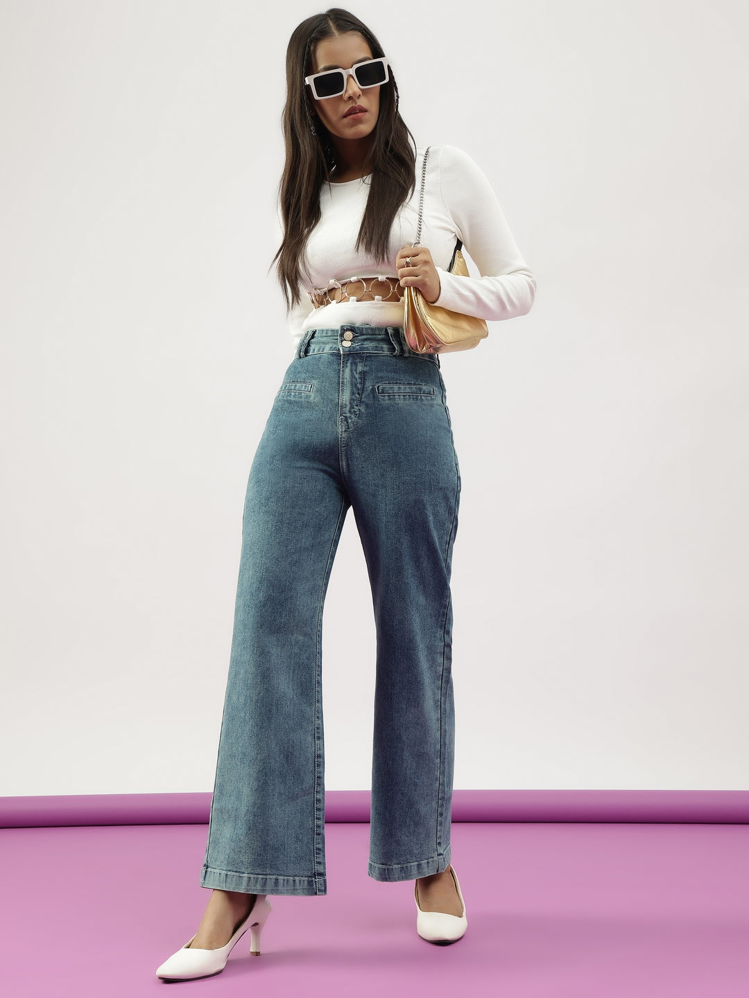 Washed Blue Wideleg Double Button Jeans