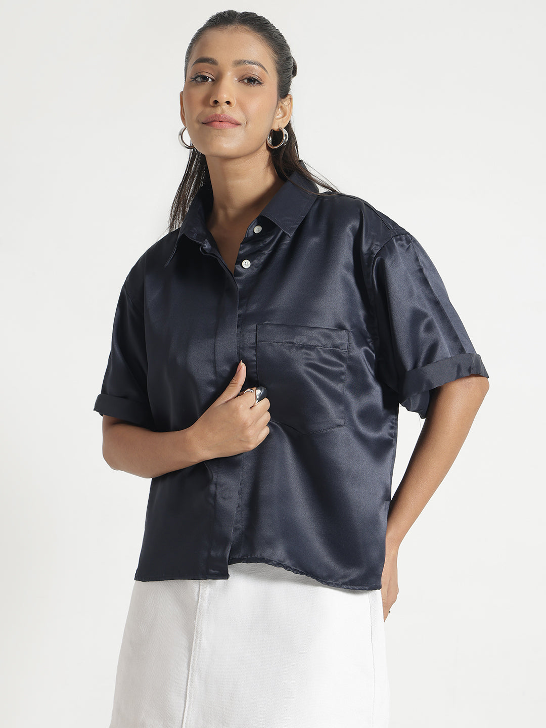 Navy Blue Satin Shirt