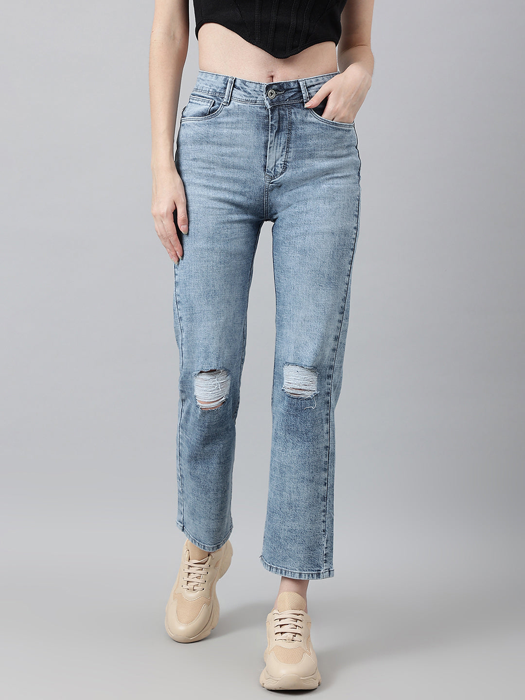 Blue straight fit jeans with tattered knee
