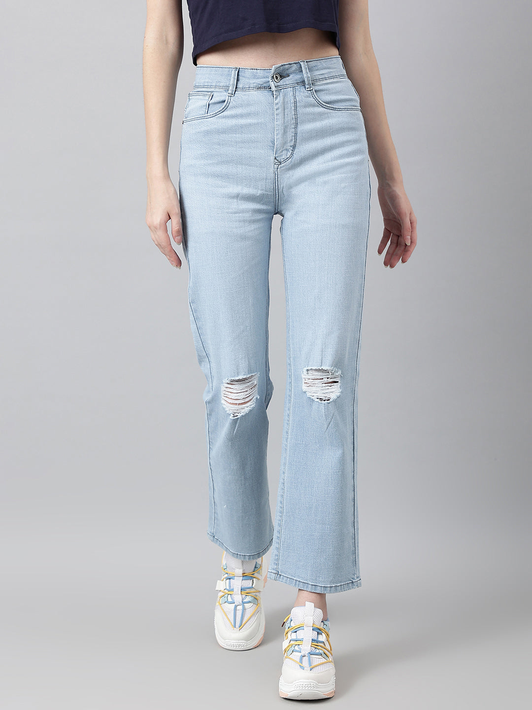 Light Blue Straight Fit Jeans With Tattered Knee