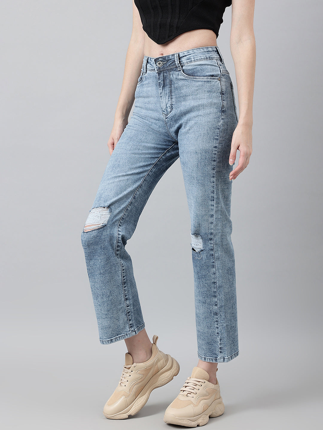 Blue straight fit jeans with tattered knee