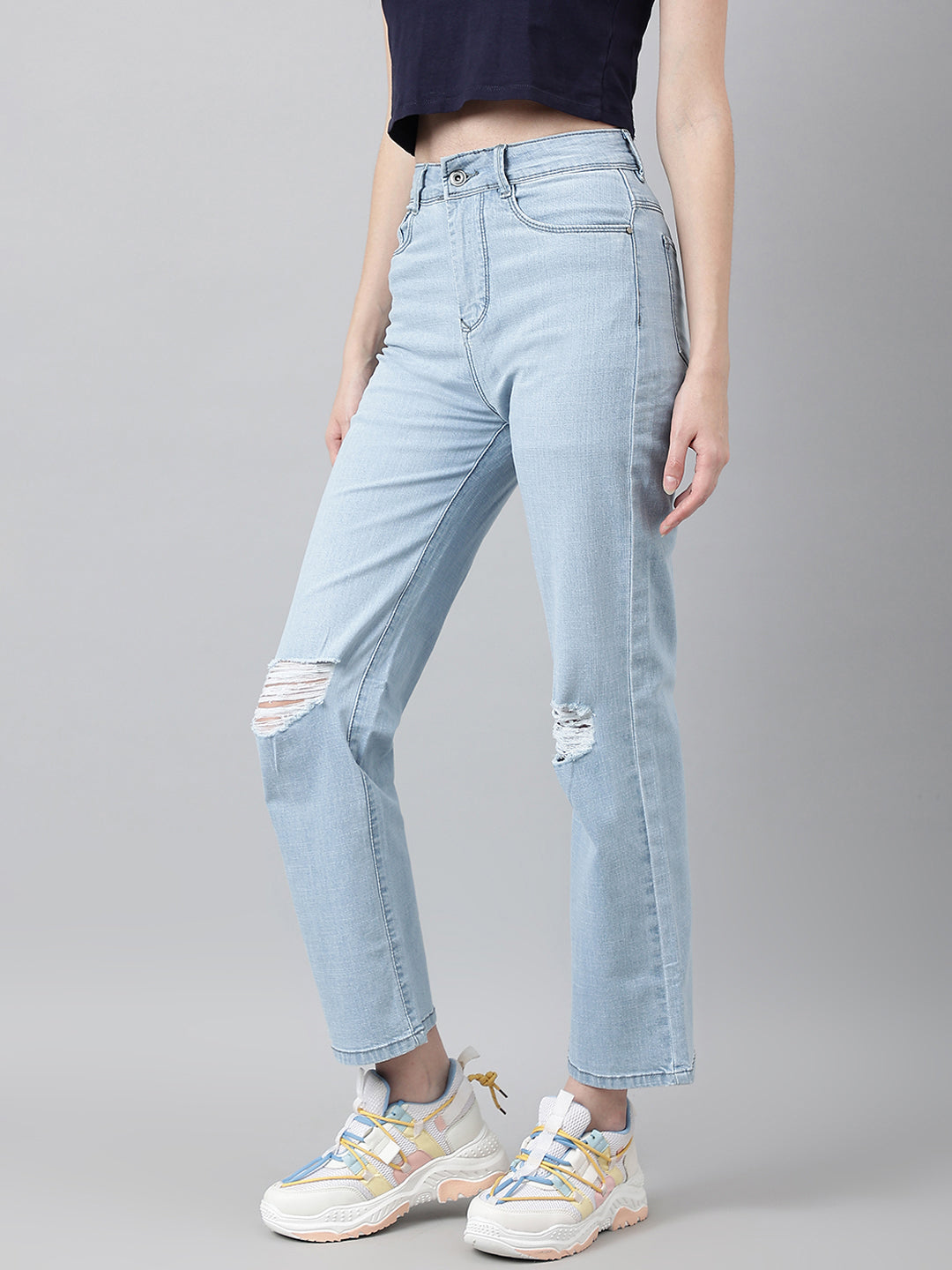 Light Blue Straight Fit Jeans With Tattered Knee