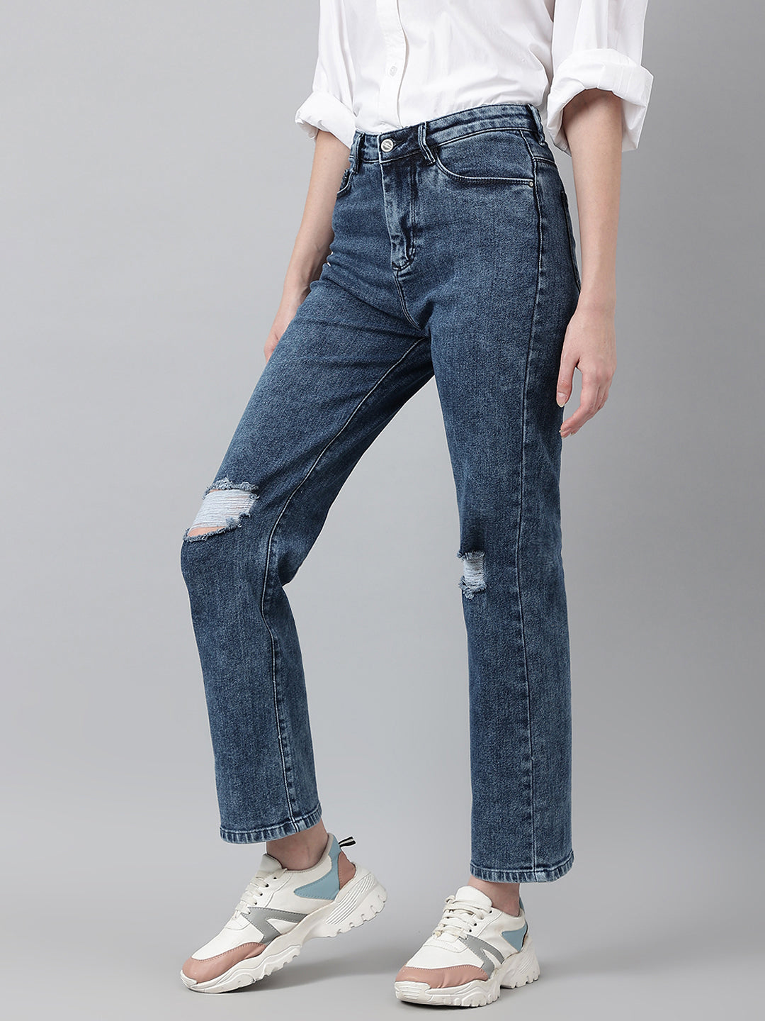 Blue Straight Fit Highly Distressed Heavy Fade Jeans