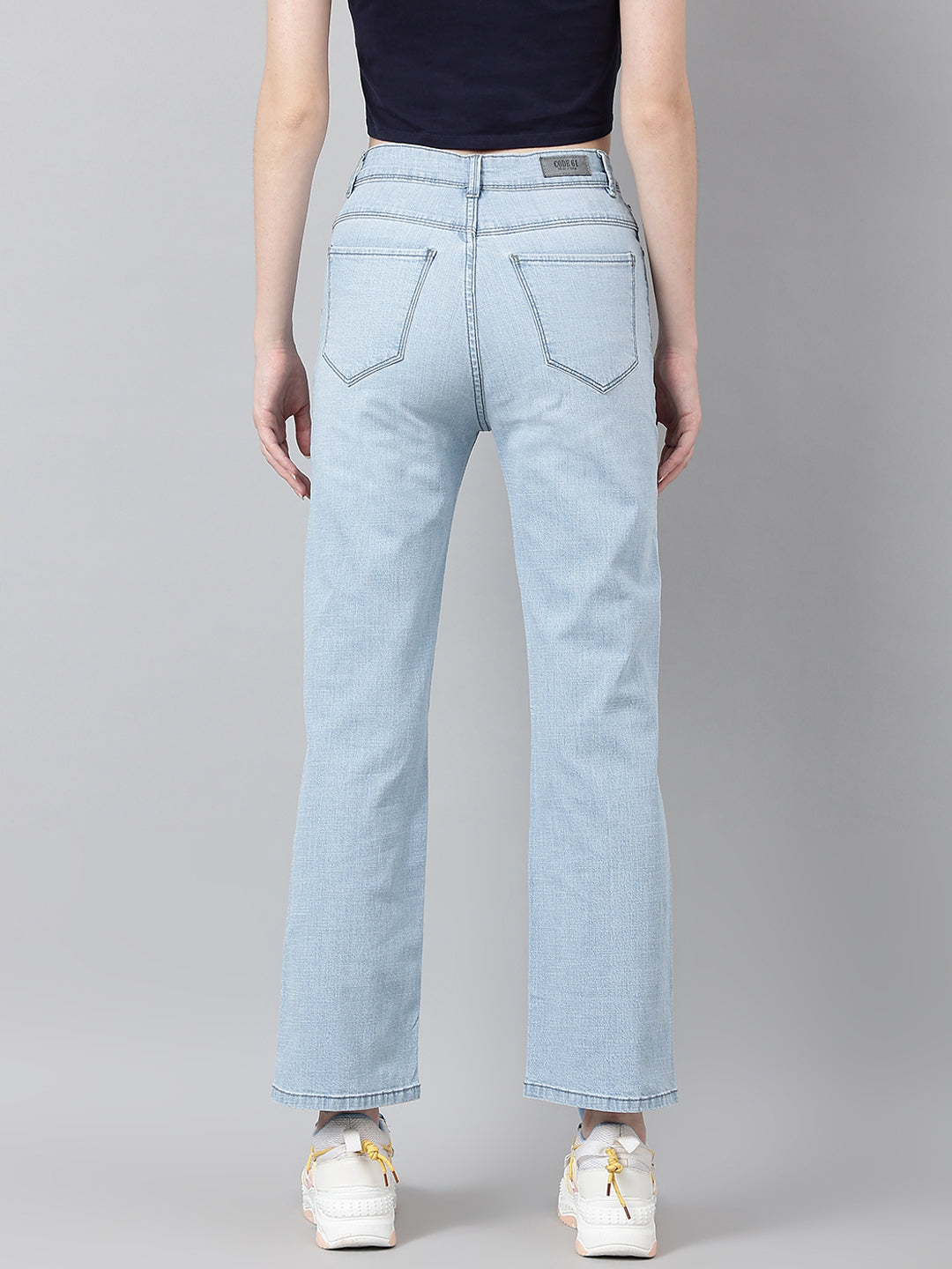 Light Blue Straight Fit Jeans With Tattered Knee