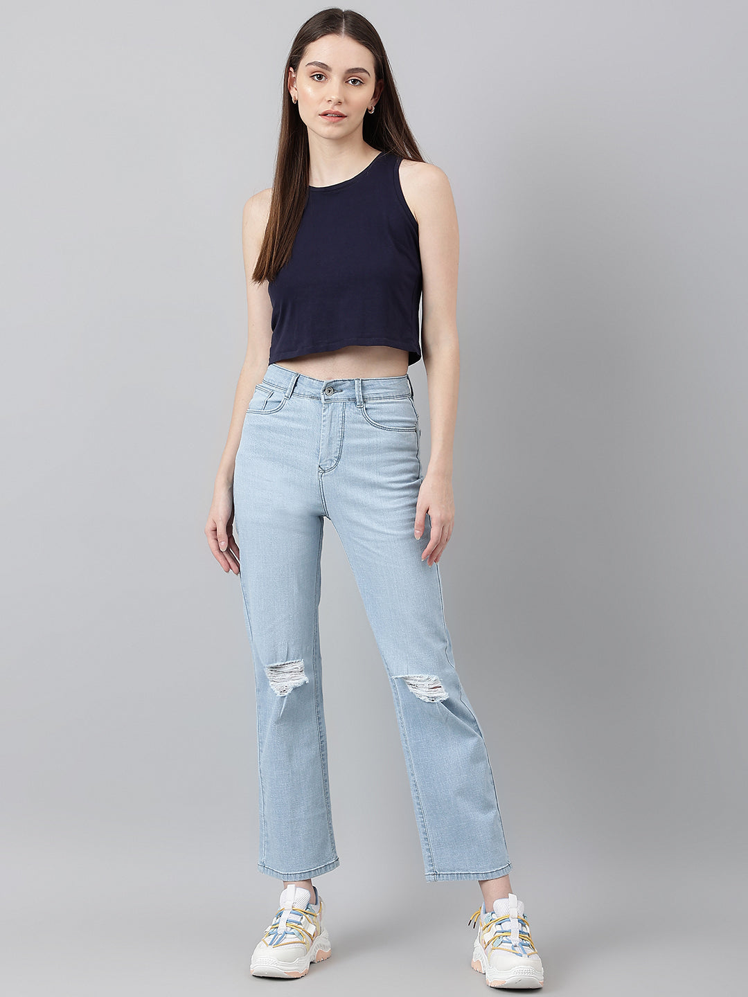 Light Blue Straight Fit Jeans With Tattered Knee