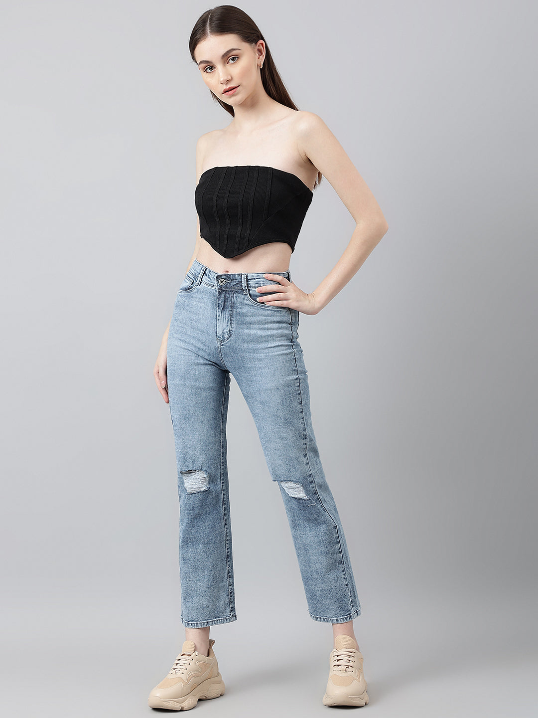 Blue straight fit jeans with tattered knee
