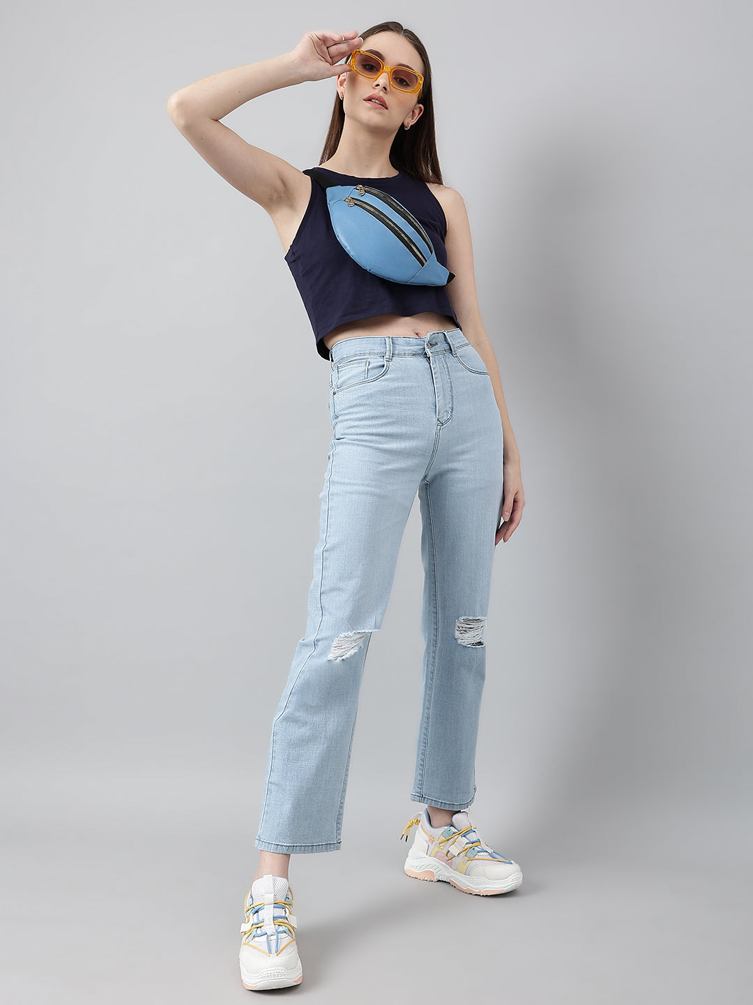Light Blue Straight Fit Jeans With Tattered Knee