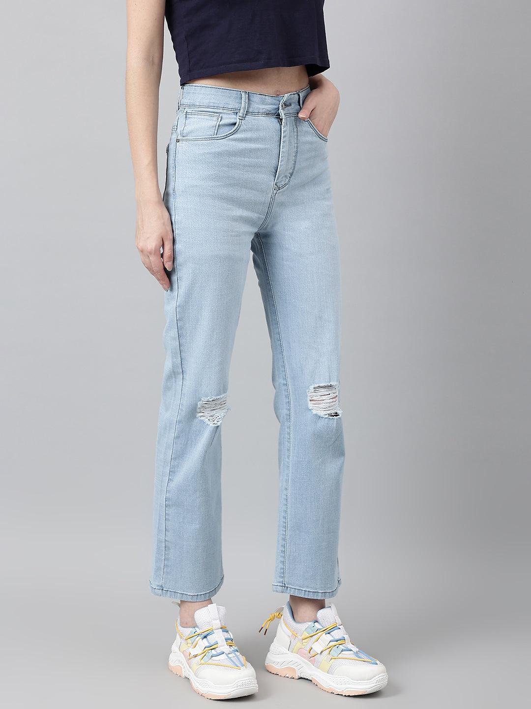 Light Blue Straight Fit Jeans With Tattered Knee