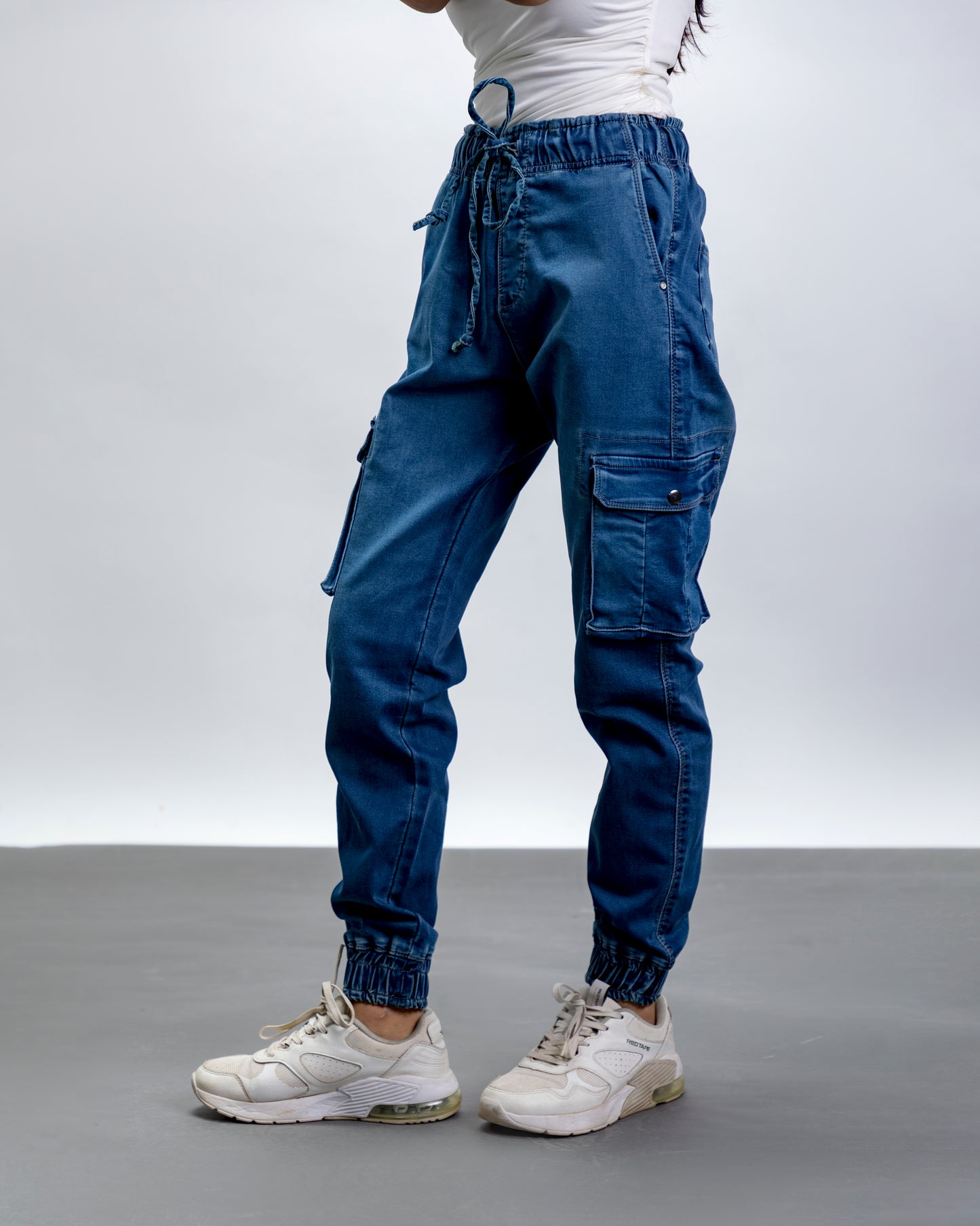 Dark Blue Relaxed Fit Denim Cargo Joggers