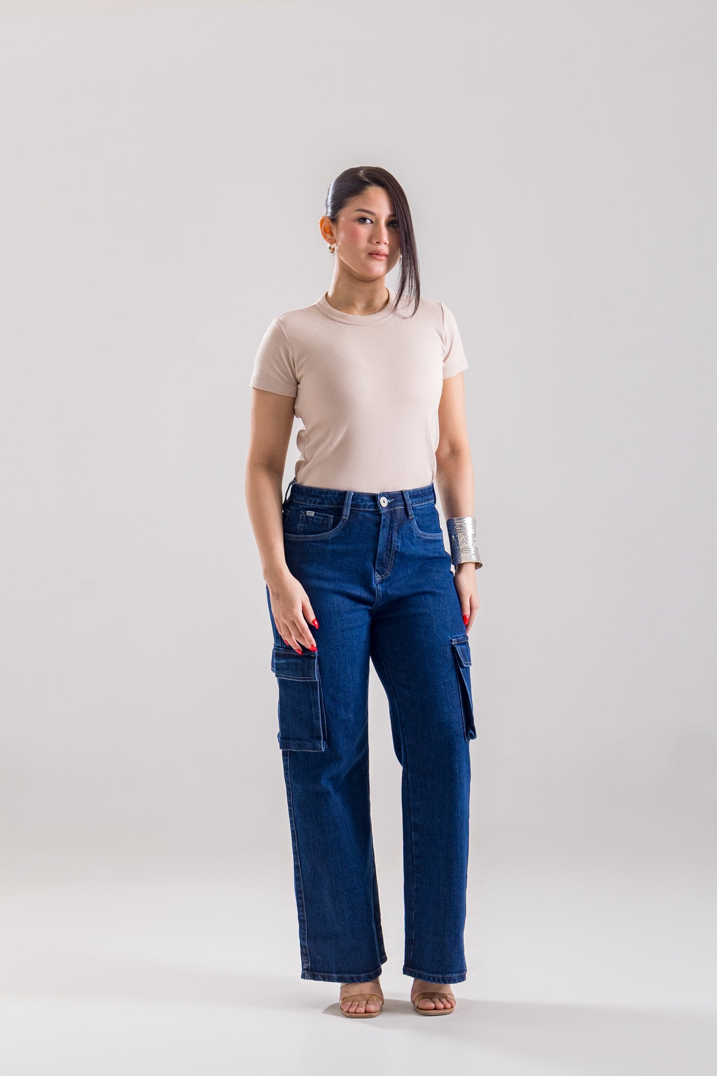 Blue Wide-Leg Cargo Jeans with Pocket Details