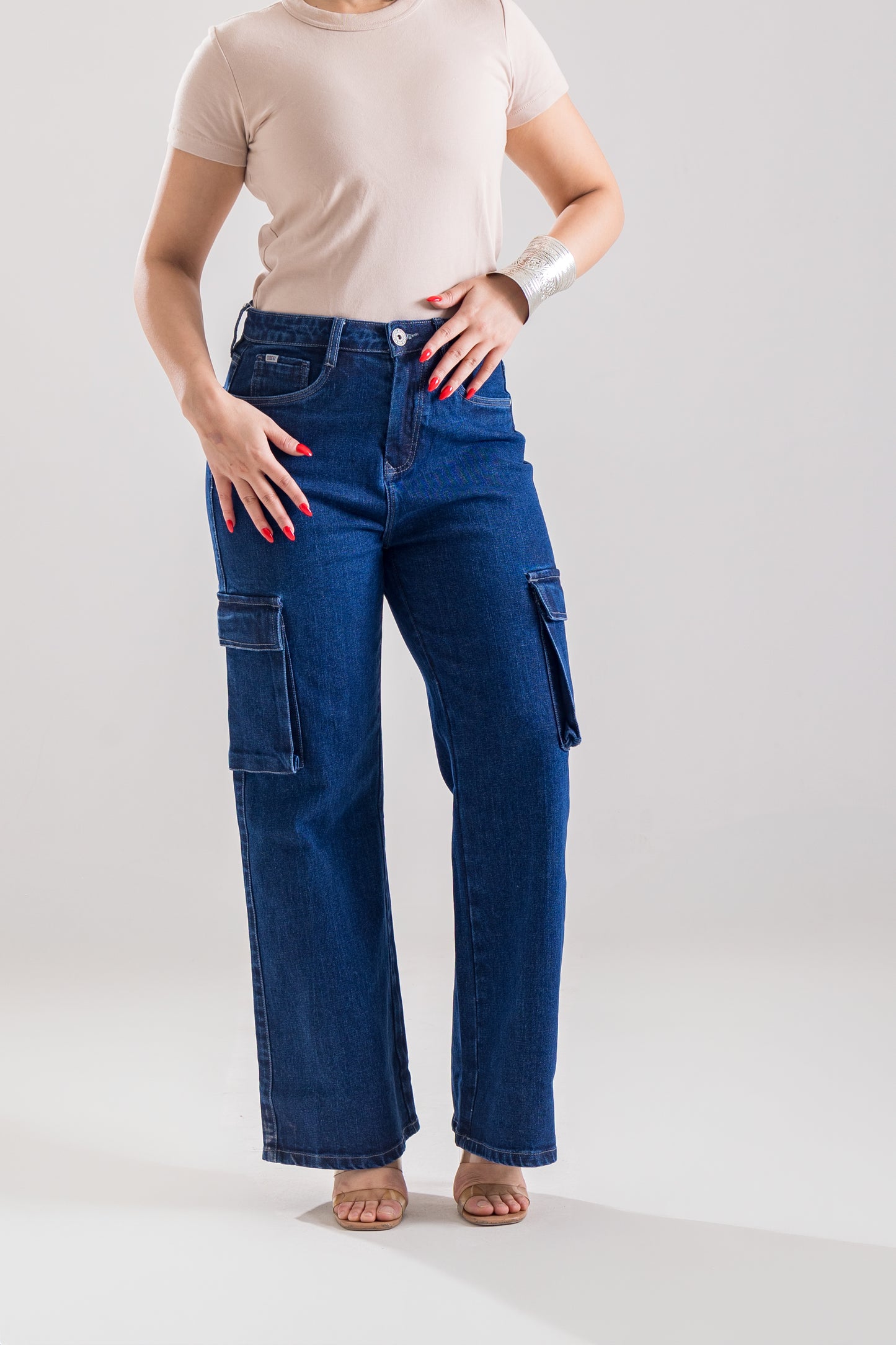 Blue Wide-Leg Cargo Jeans with Pocket Details