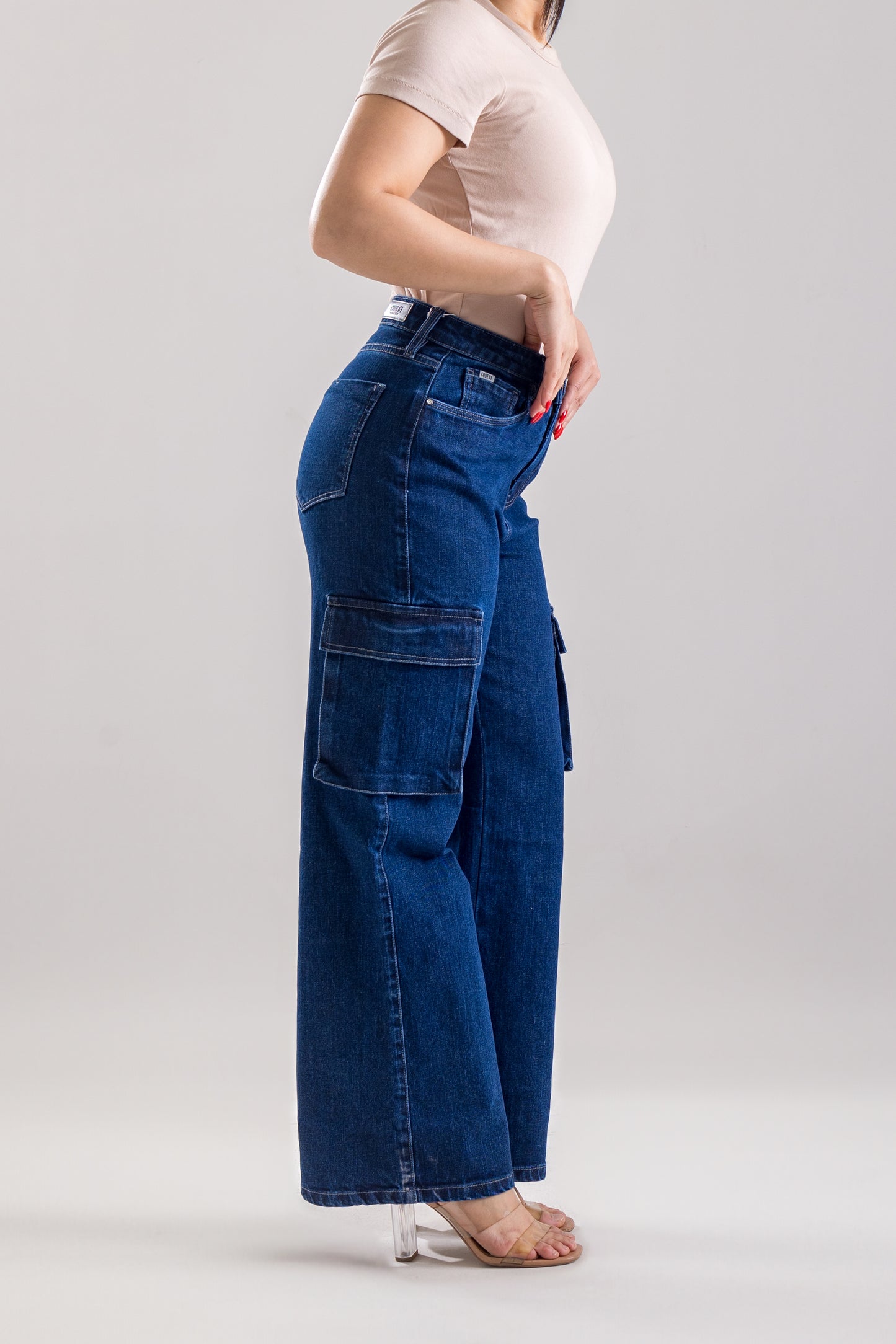 Blue Wide-Leg Cargo Jeans with Pocket Details