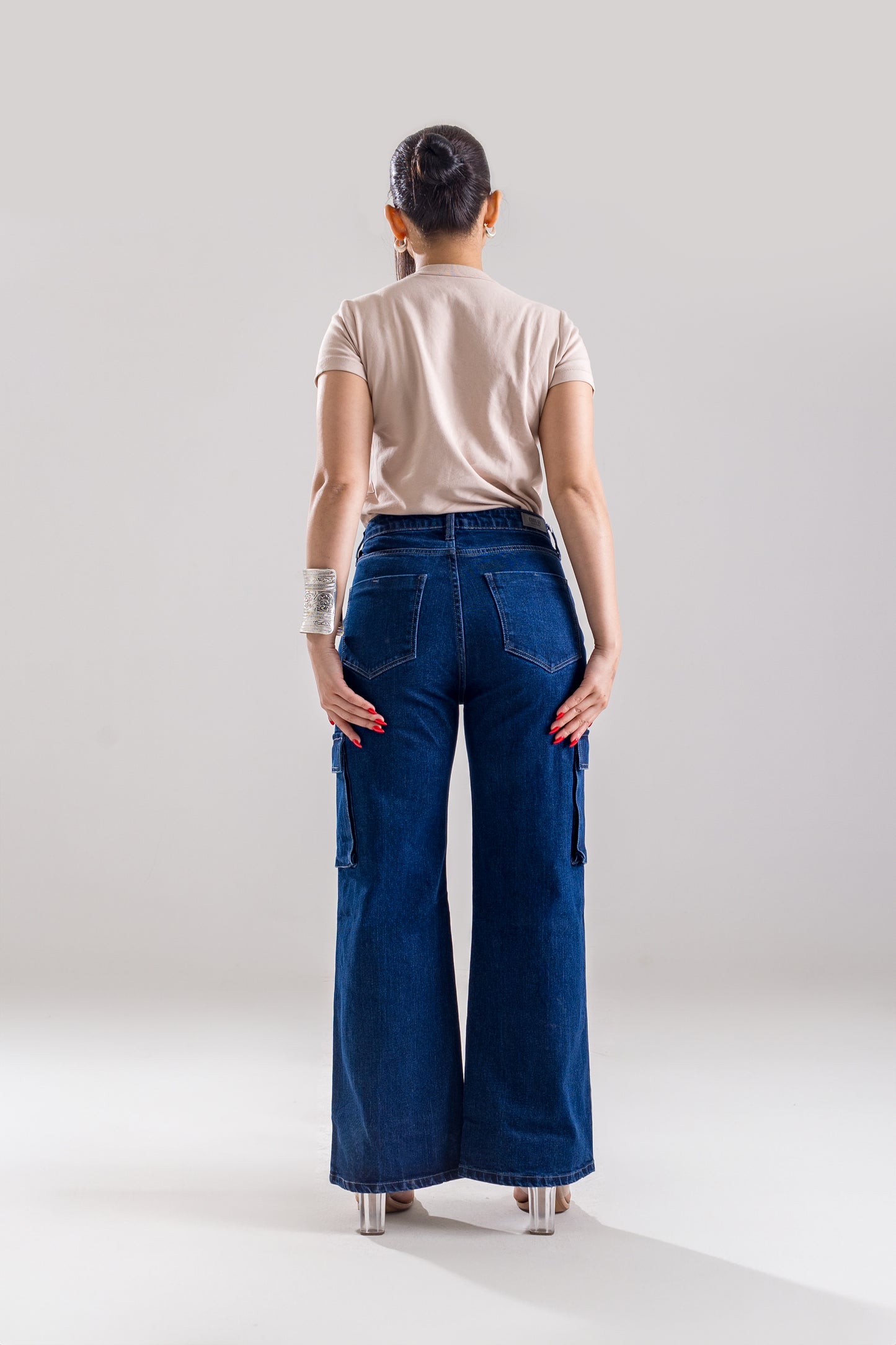 Blue Wide-Leg Cargo Jeans with Pocket Details