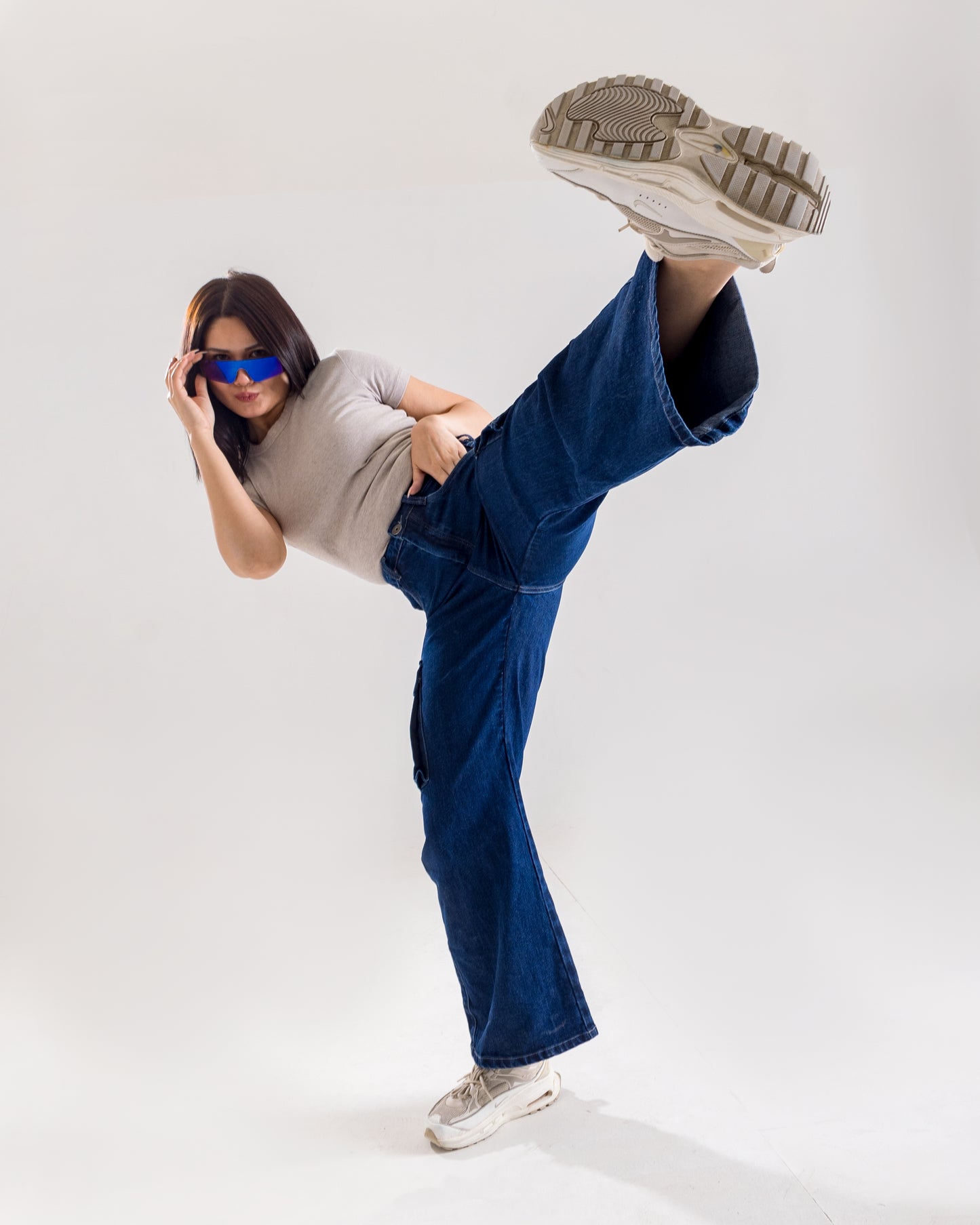 Blue Wide-Leg Cargo Jeans with Pocket Details