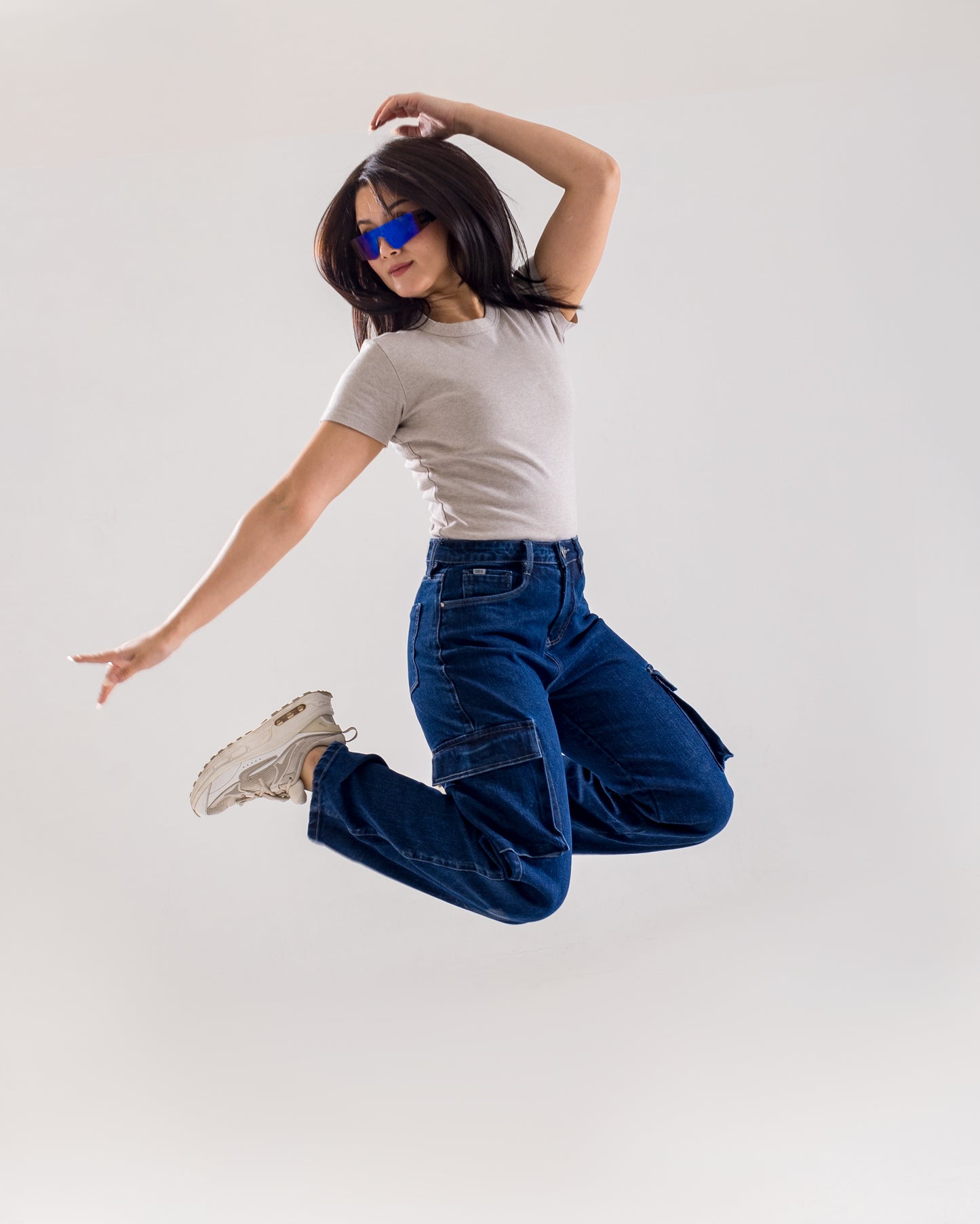 Blue Wide-Leg Cargo Jeans with Pocket Details