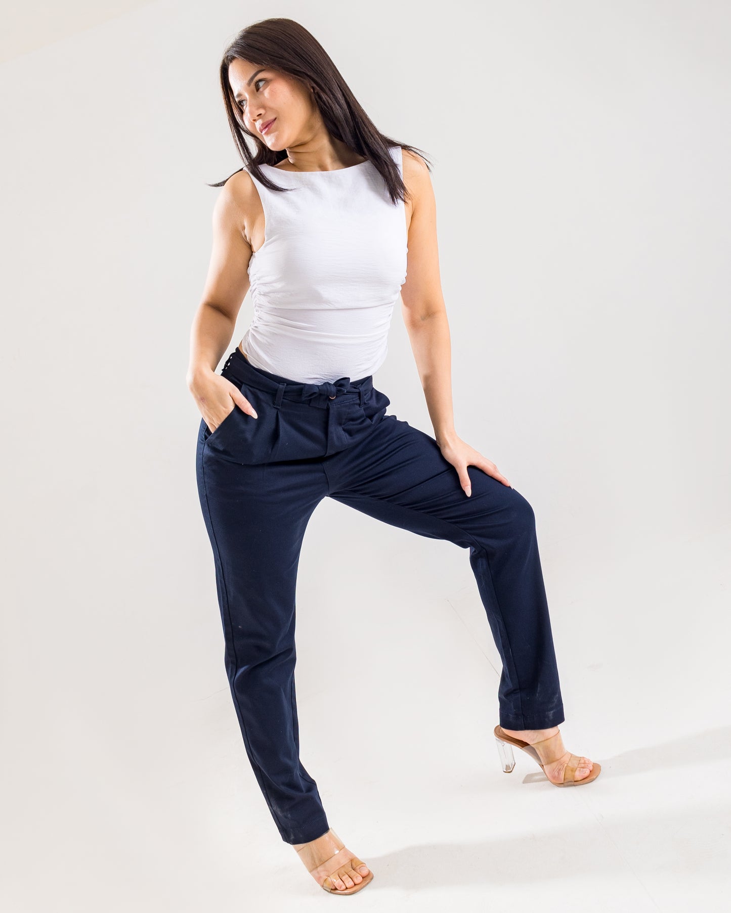 Navy Tie-Up Pleated Pants