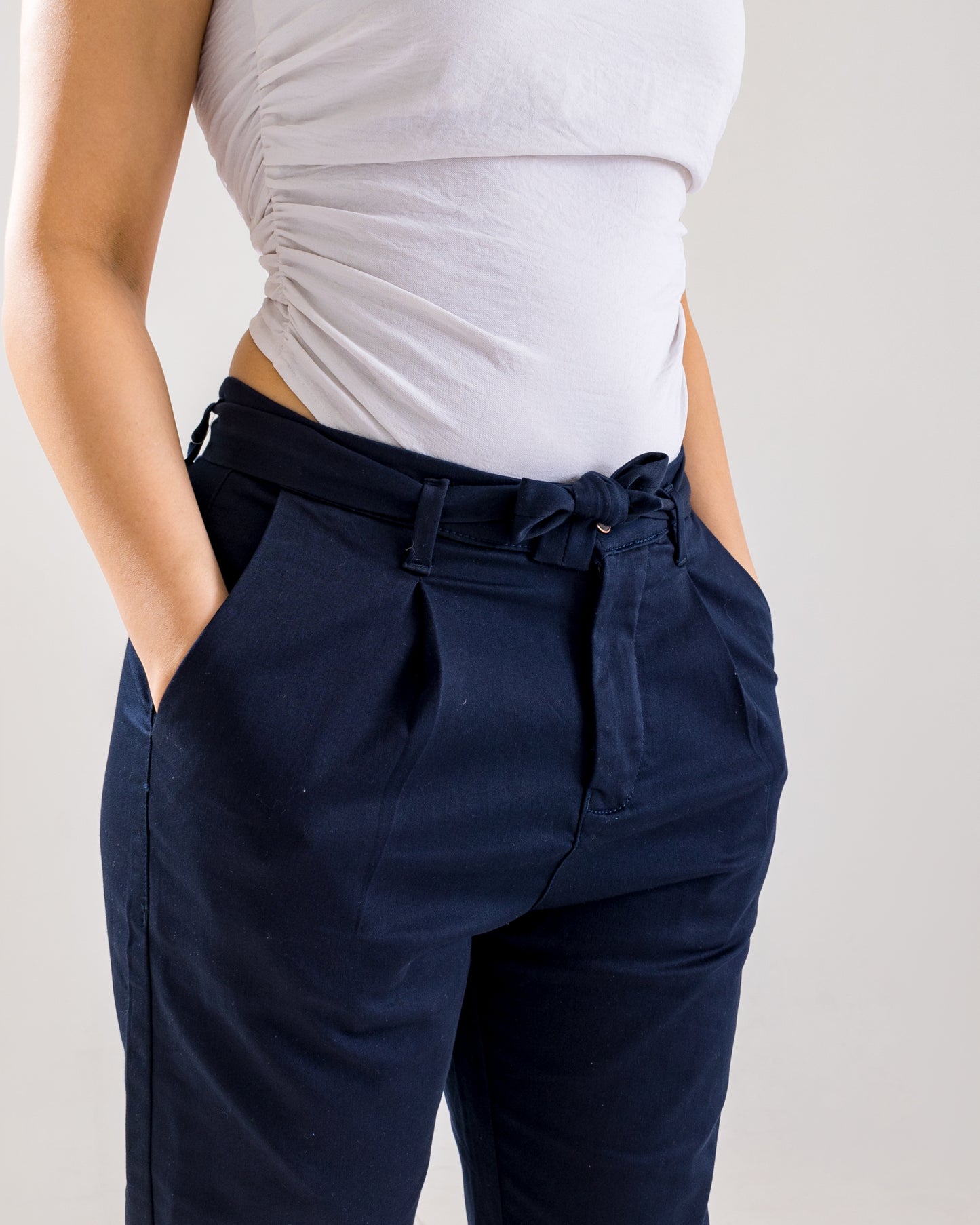 Navy Tie-Up Pleated Pants