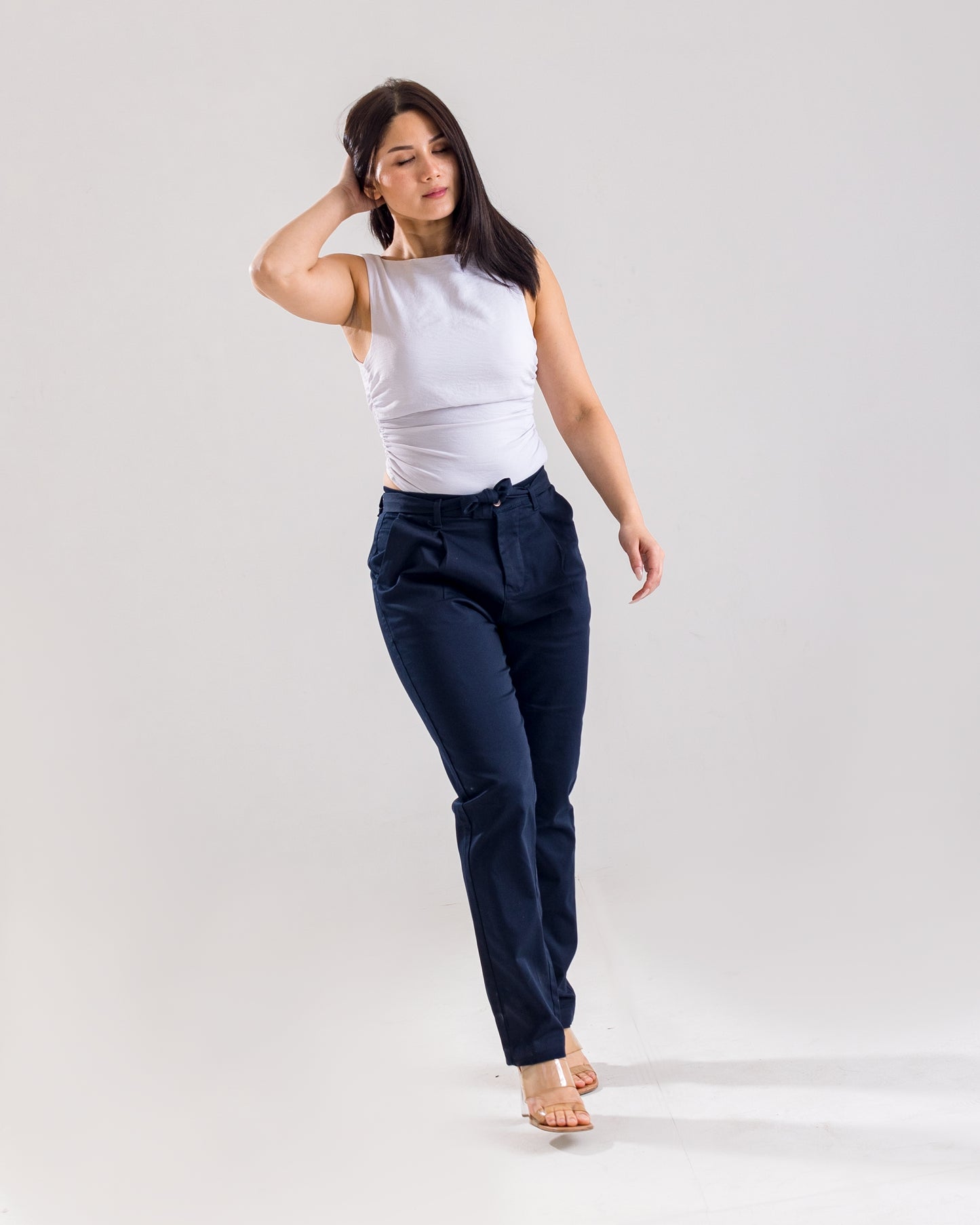 Navy Tie-Up Pleated Pants