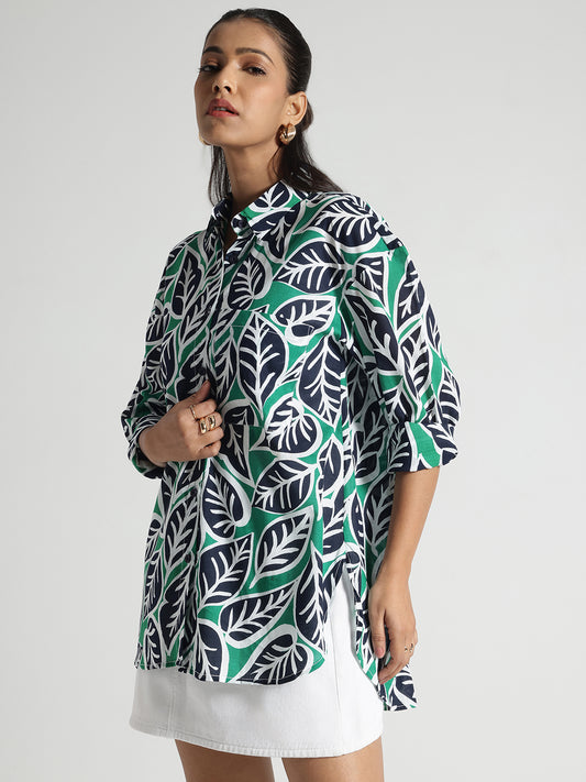 Blue Printed Oversize Shirt