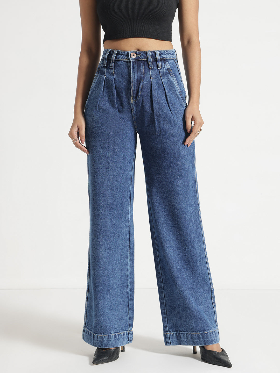 Blue Pleated Wide-Leg Jeans