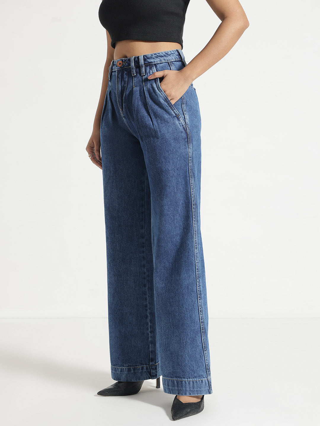 Blue Pleated Wide-Leg Jeans