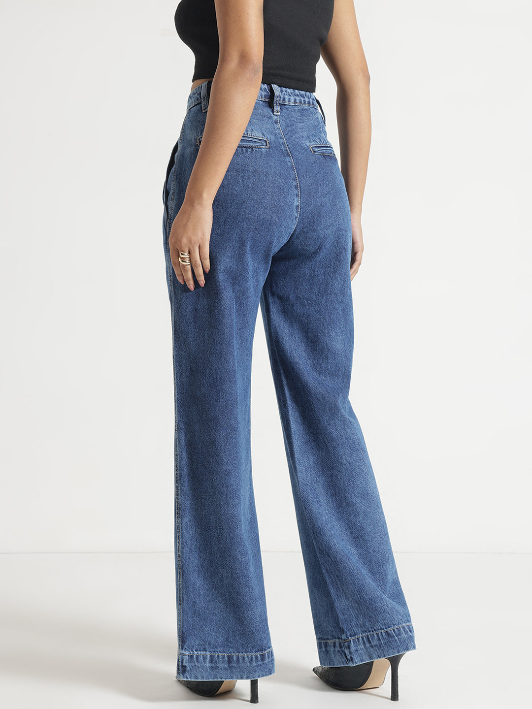 Blue Pleated Wide-Leg Jeans