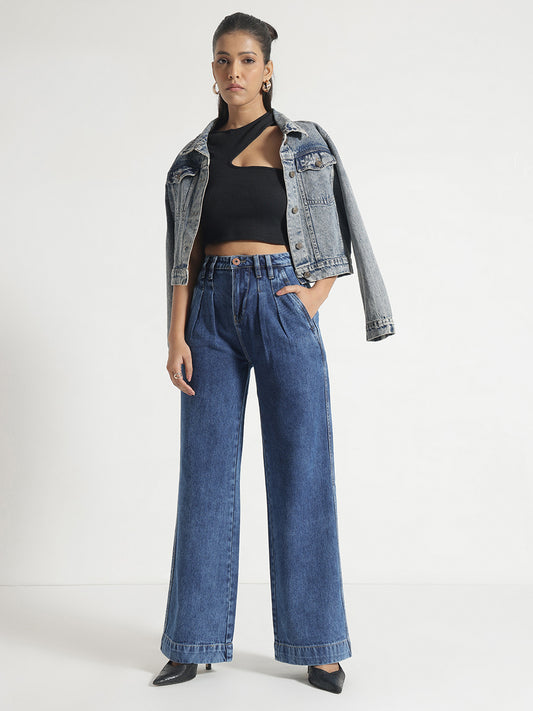 Blue Pleated Wide-Leg Jeans