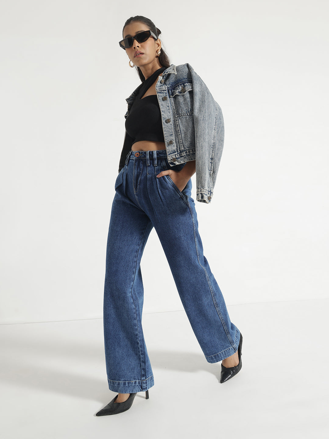 Blue Pleated Wide-Leg Jeans