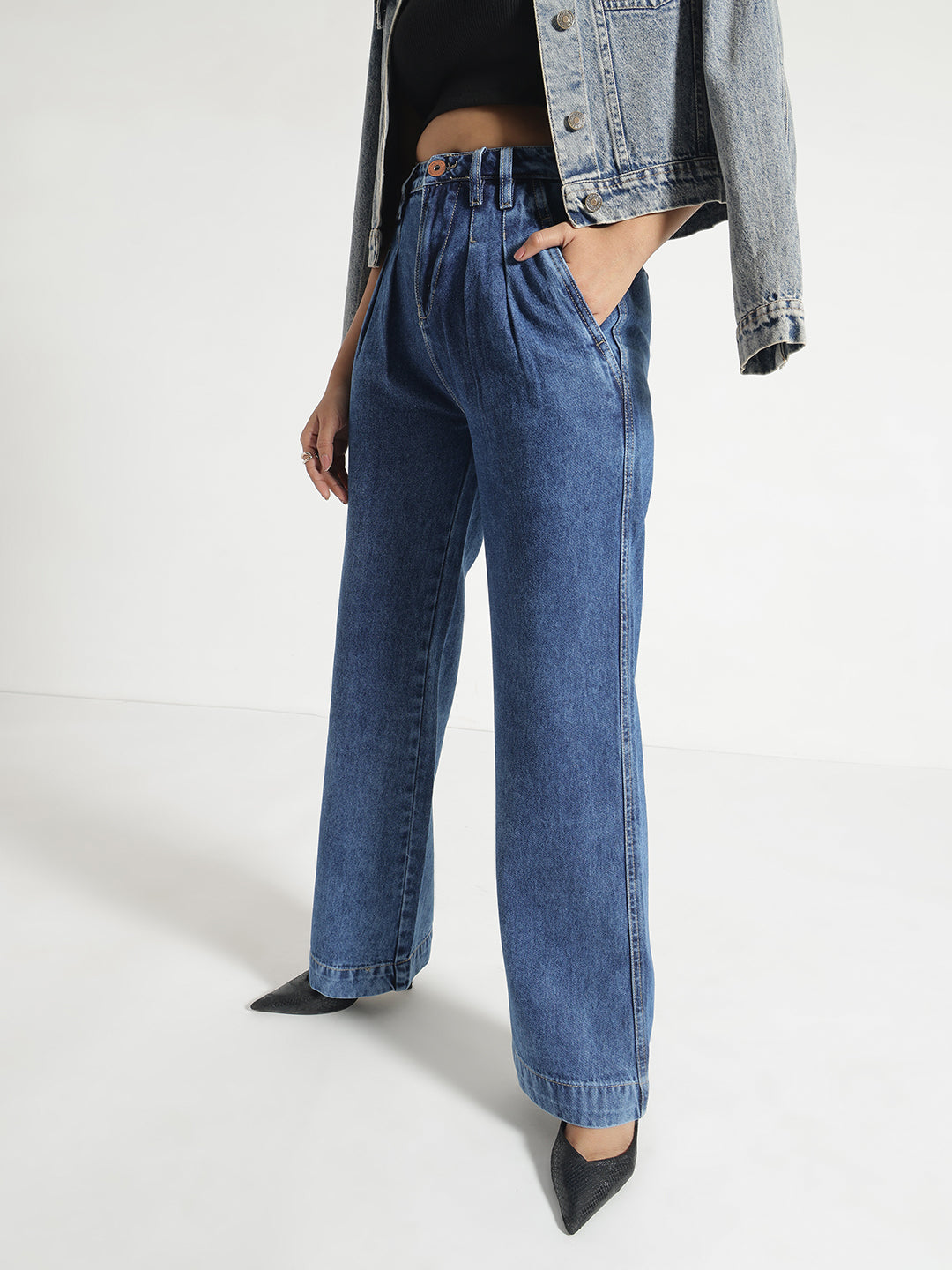 Blue Pleated Wide-Leg Jeans