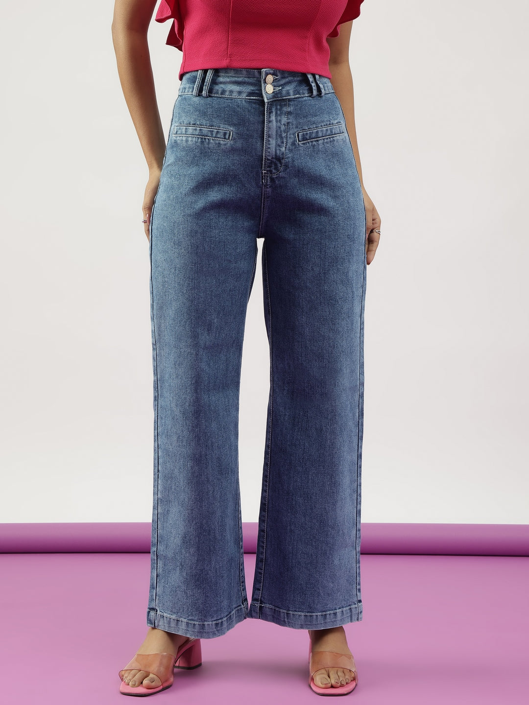 Blue Wideleg Double Button Jeans