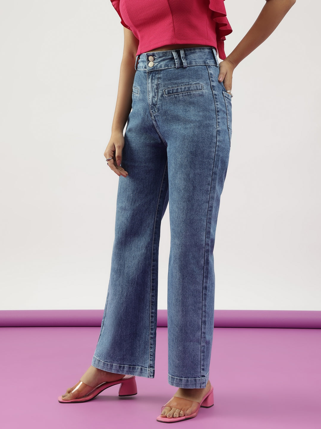 Blue Wideleg Double Button Jeans