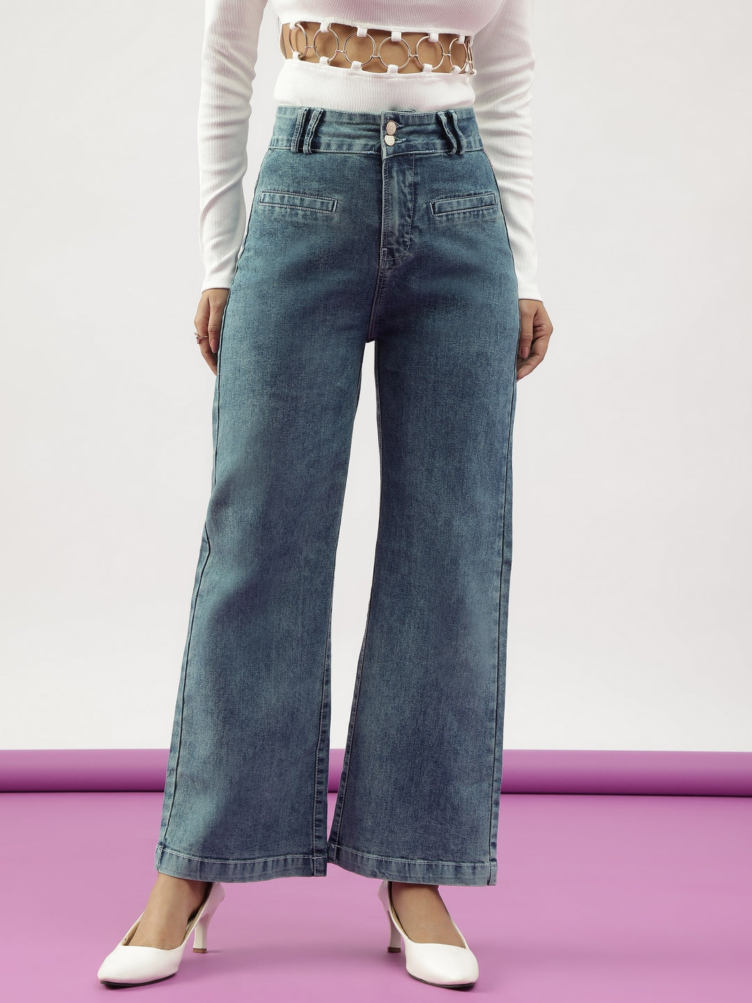 Washed Blue Wideleg Double Button Jeans