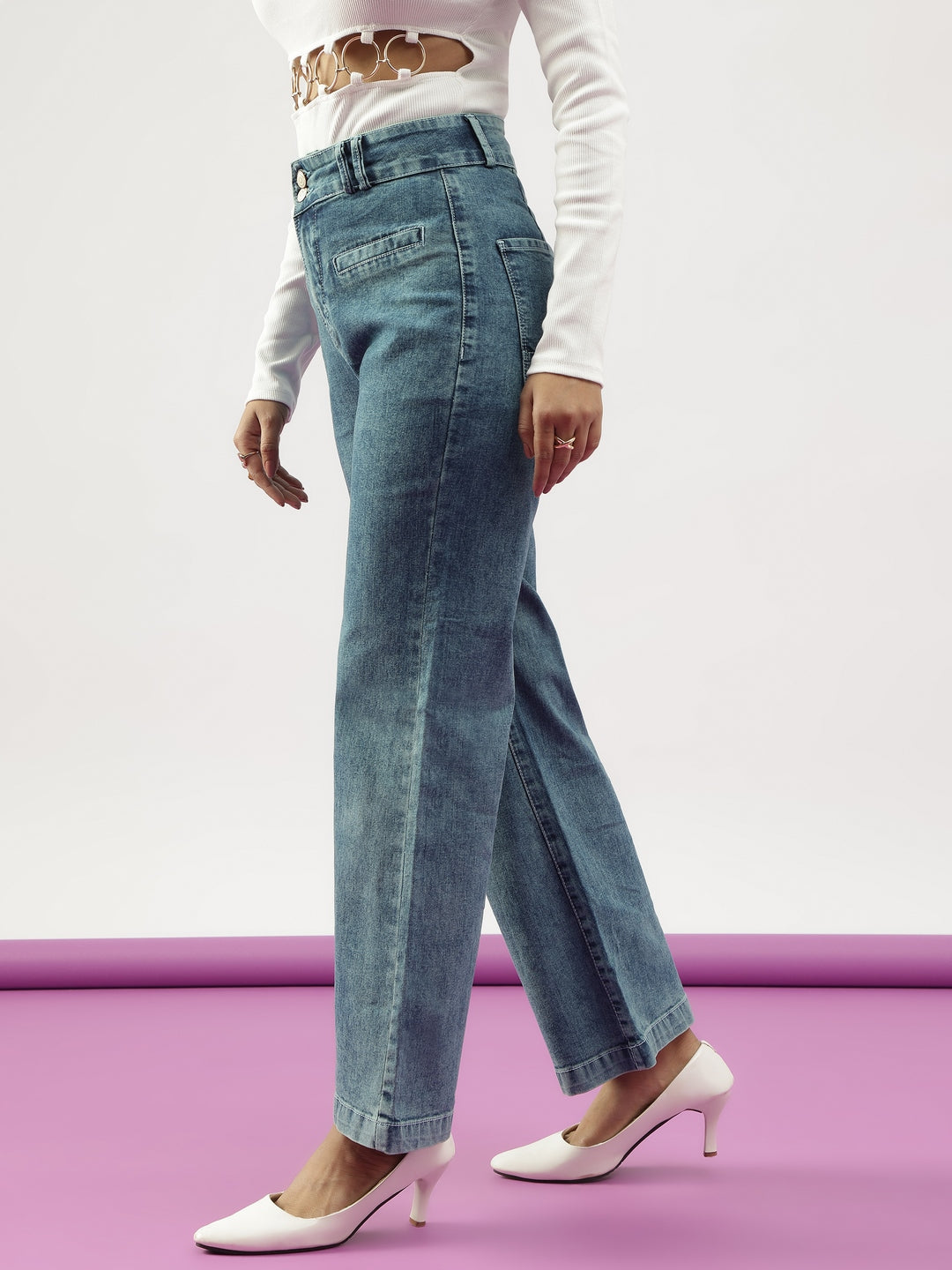 Washed Blue Wideleg Double Button Jeans