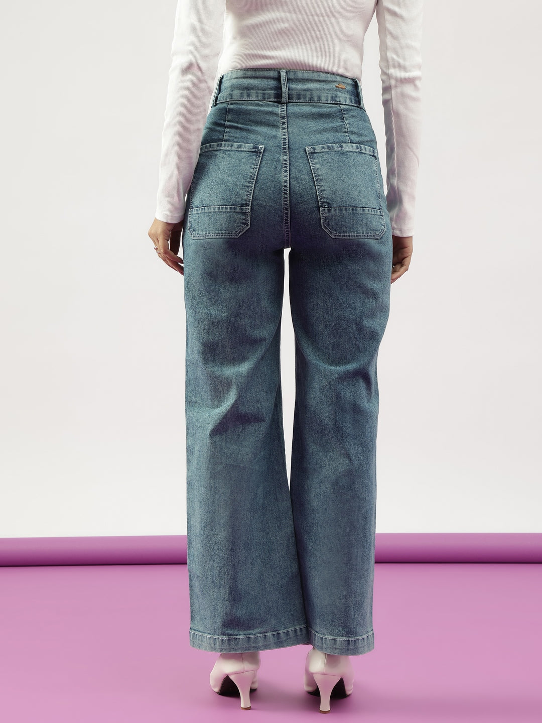 Washed Blue Wideleg Double Button Jeans