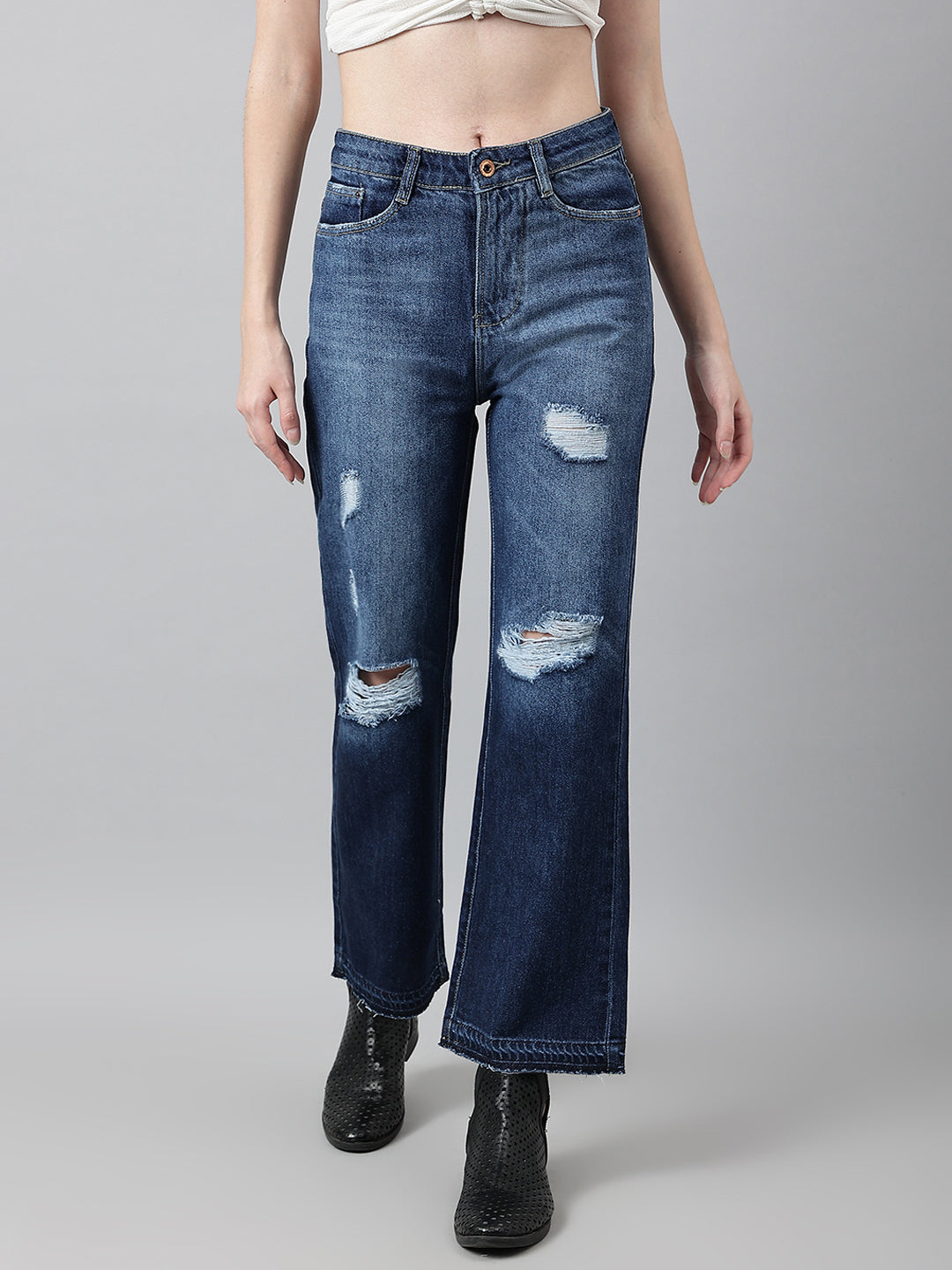 Shaded Blue Loose-Fit Tattered Jeans