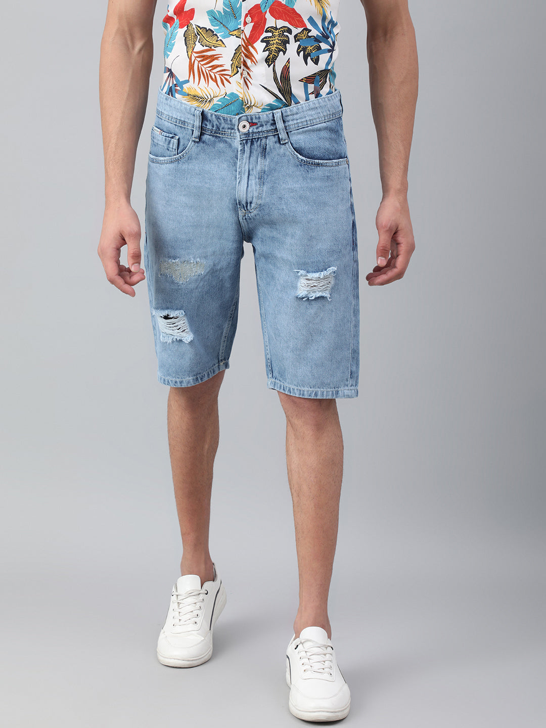 Light Blue Regular Fit Mid Waist Shorts