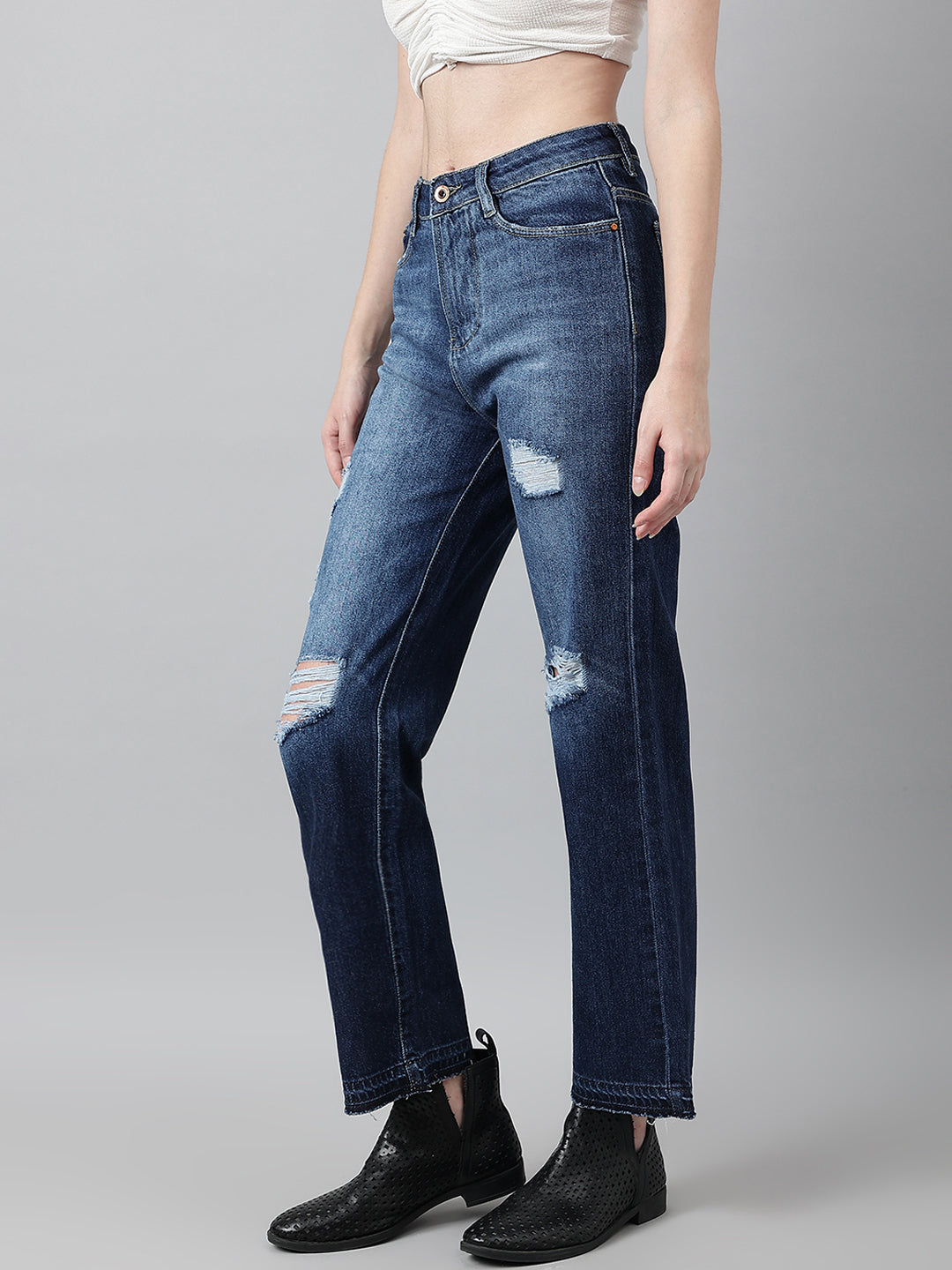 Shaded Blue Loose-Fit Tattered Jeans