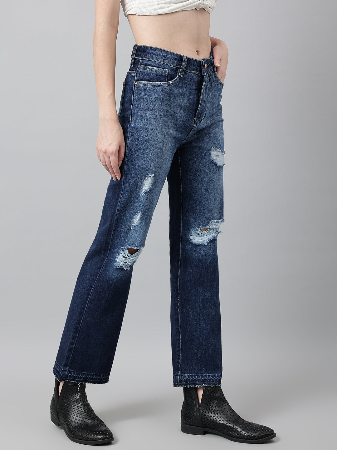 Shaded Blue Loose-Fit Tattered Jeans