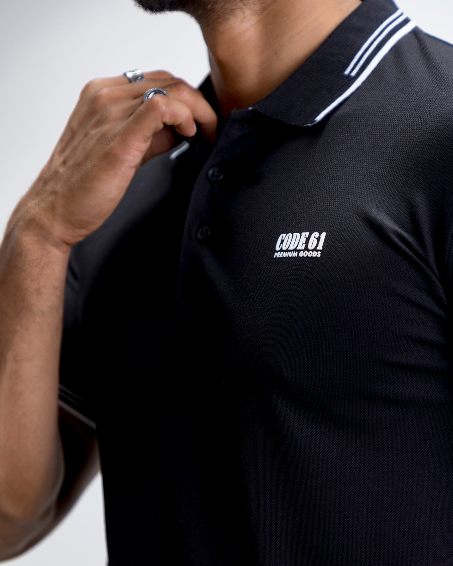 Solid Black  Polo T-Shirt With  Collar Details