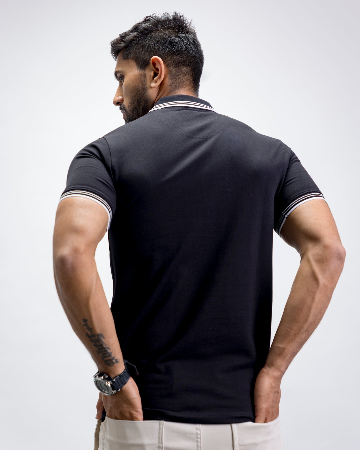 Solid Black  Polo T-Shirt With  Collar Details