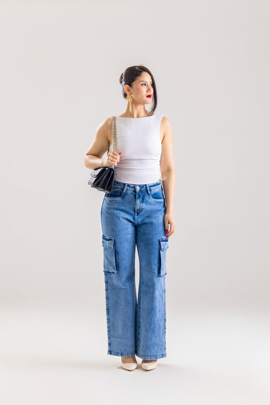 Light Blue Wide-Leg Cargo Jeans with Pocket Details