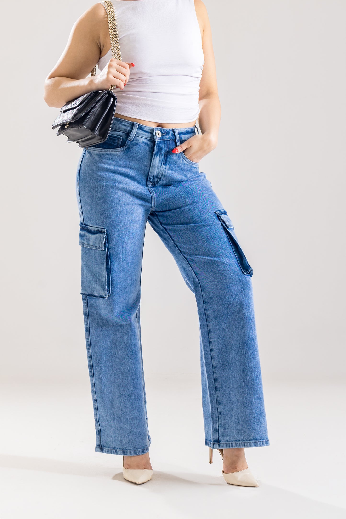 Light Blue Wide-Leg Cargo Jeans with Pocket Details