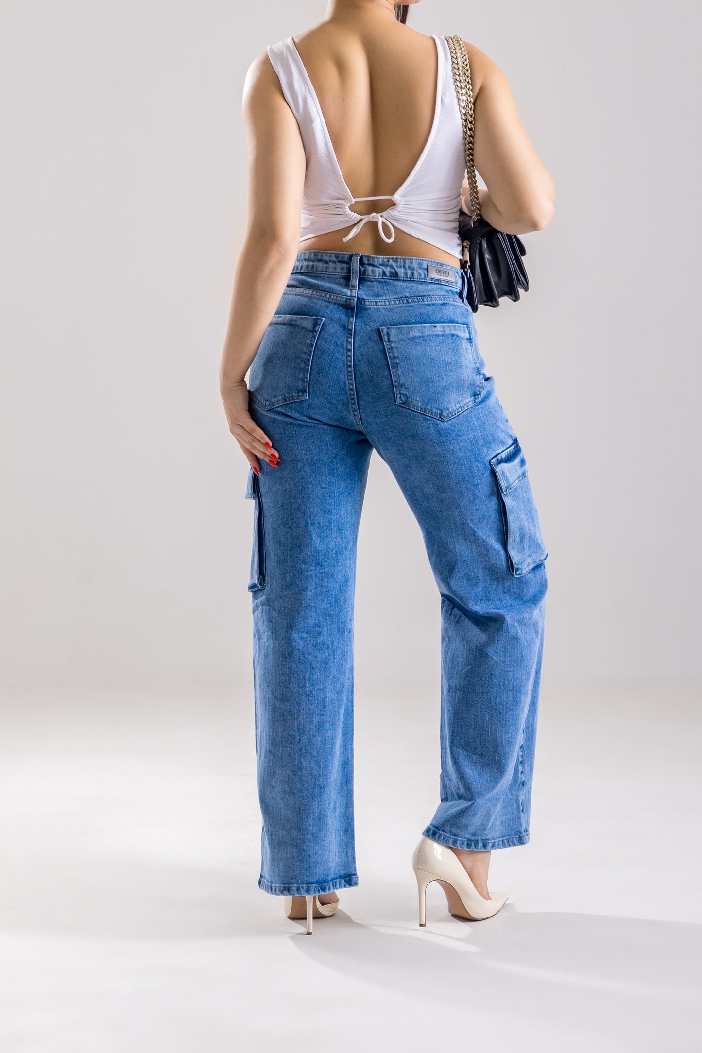 Light Blue Wide-Leg Cargo Jeans with Pocket Details