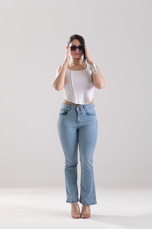 Light Blue High-Waist Flared Bottom Jeans