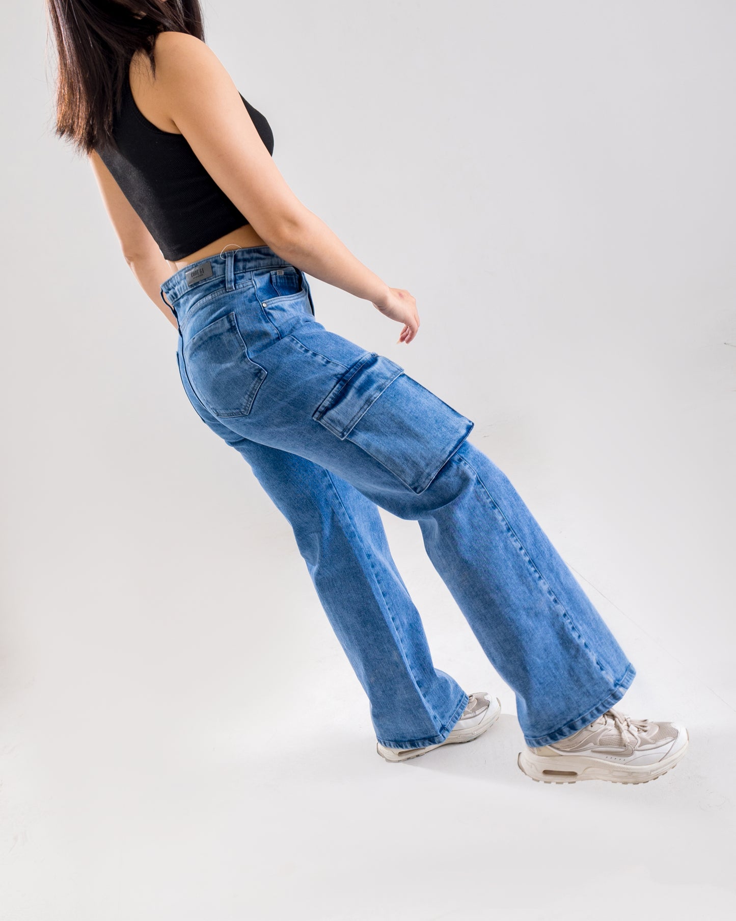 Light Blue Wide-Leg Cargo Jeans with Pocket Details