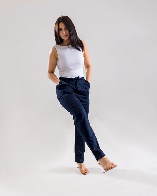 Navy Tie-Up Pleated Pants