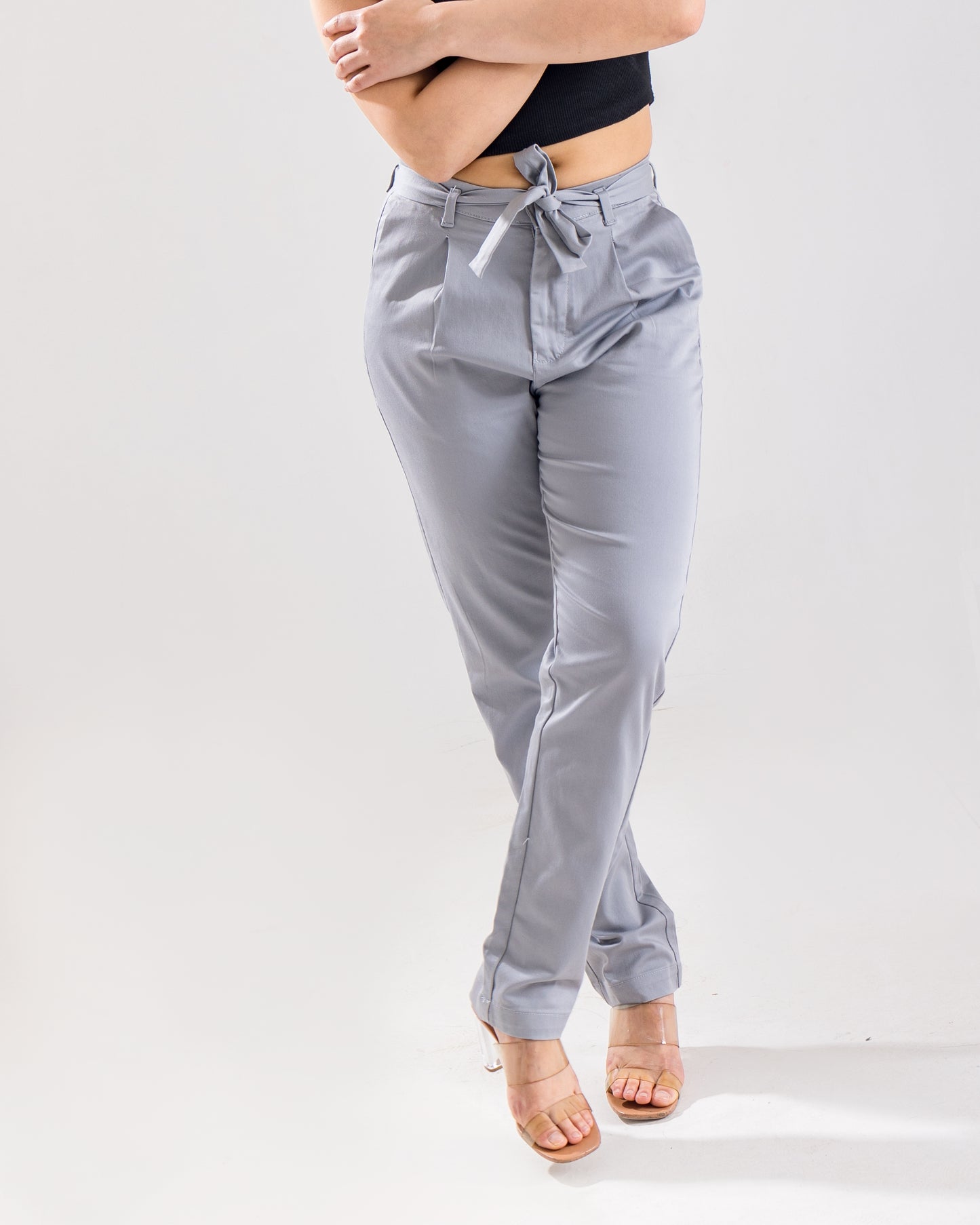 Grey Tie-Up Pleated Pants